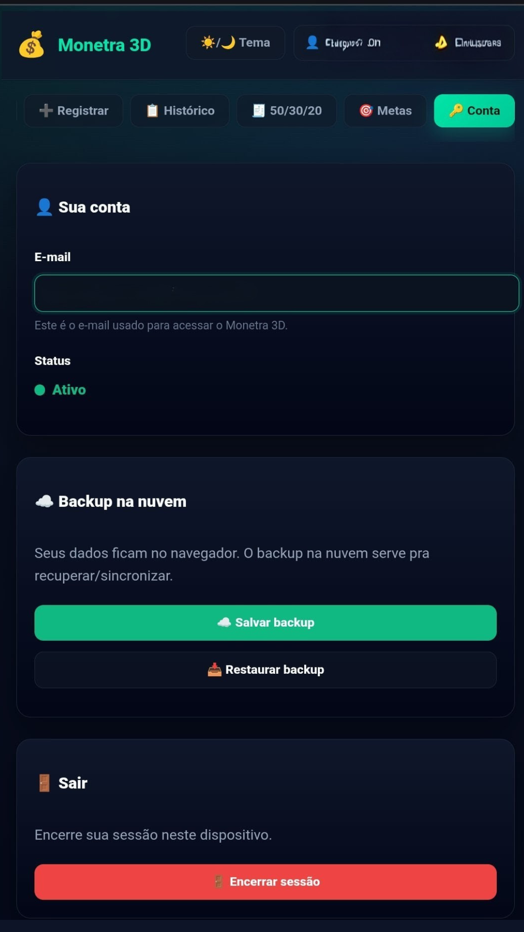 Tela de backup do Monetra 3D
